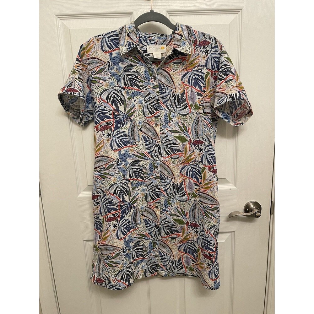 C&C California 100% Linen Botanical Button Up Shirt Dress Short Sleeve Small